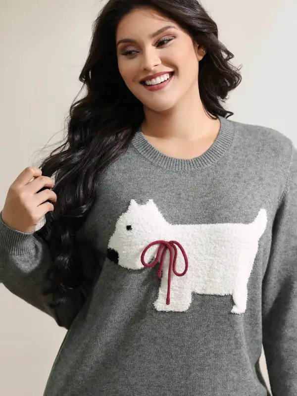 Puppy Bowknot Motif Textured Pullover