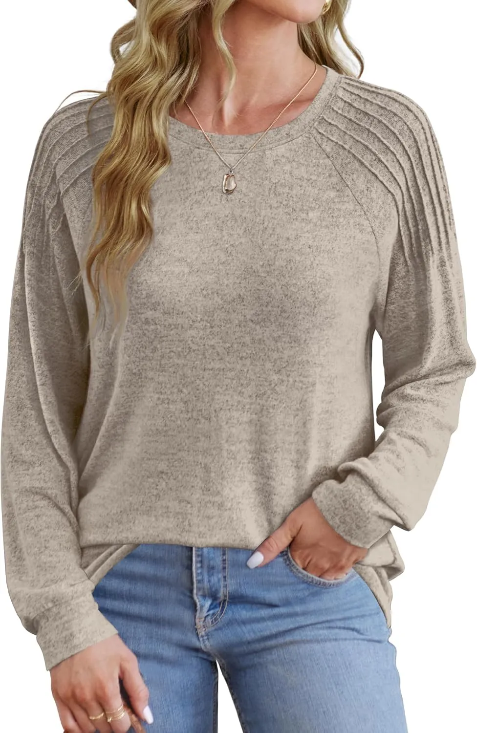 Sweatshirt for Women Crewneck Pleated Long Sleeve Shirts Tunic Tops Fashion 2024
