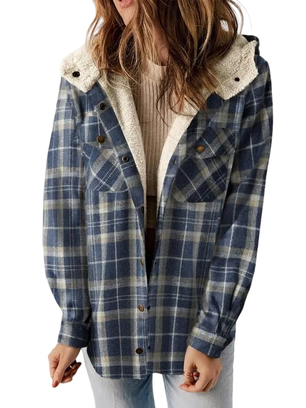 Women's Plaid/Houndstooth Button - Front Hooded Coat