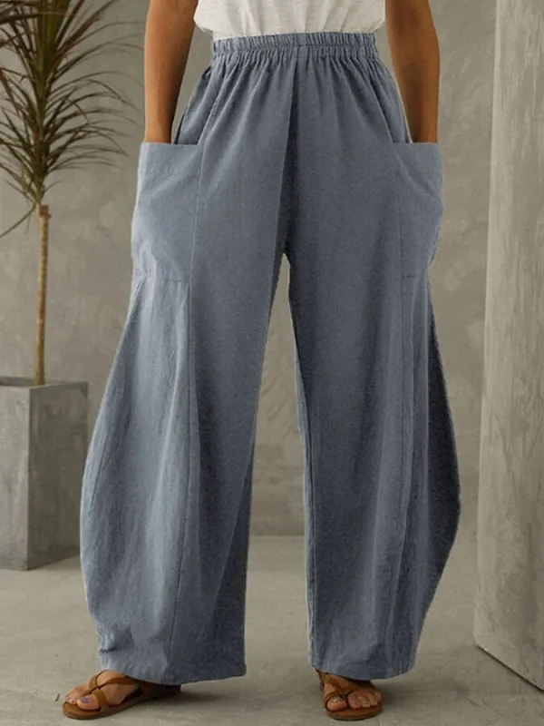 Women's Solid Cotton Linen Large Pocket Wide Leg Pants