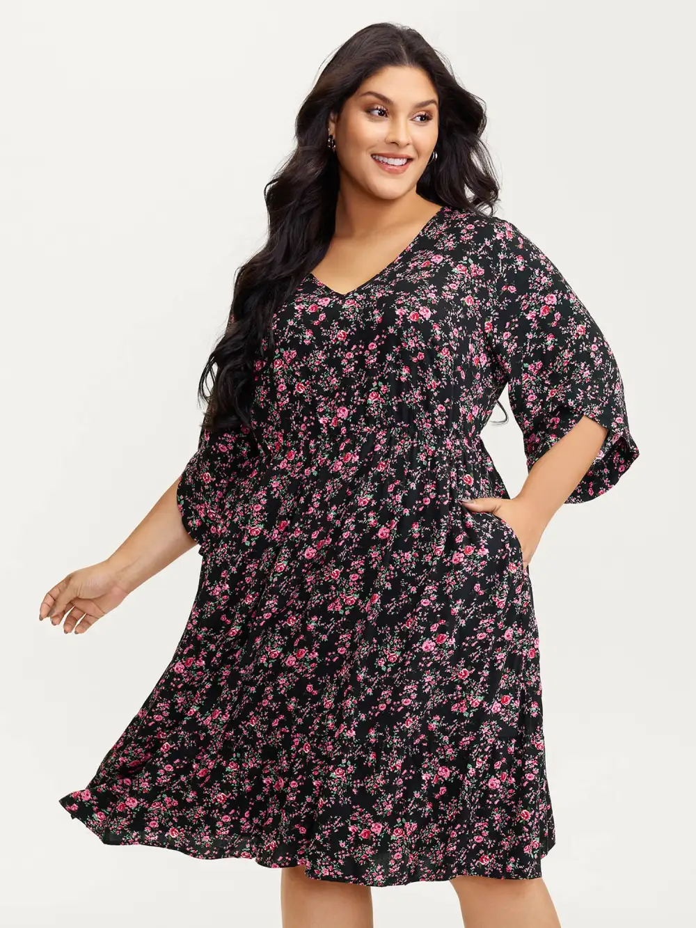 Rayon Floral Bell Sleeve Pockets Midi Dress