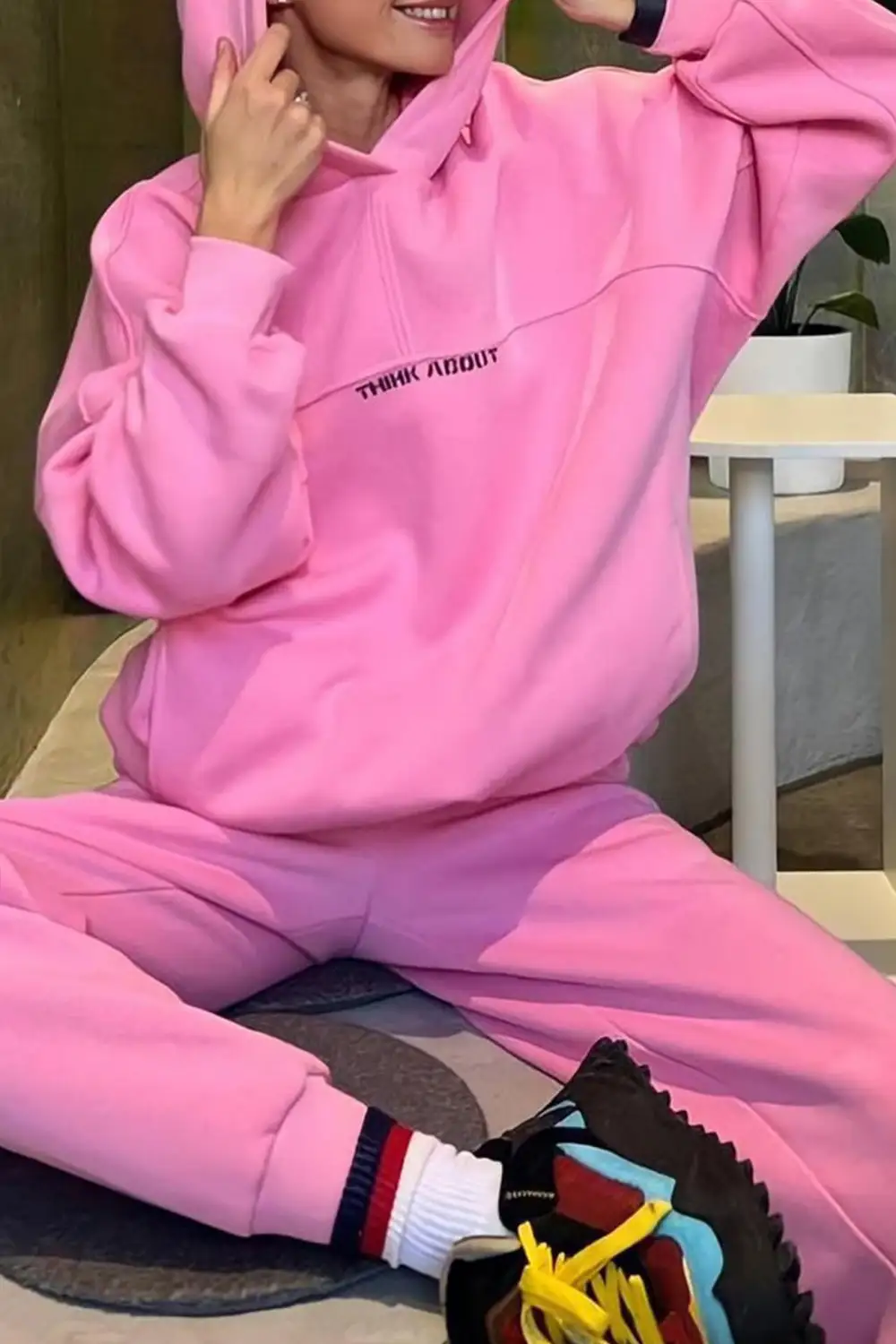Letter Graphic Drawstring Hoodie Long Pants Suits