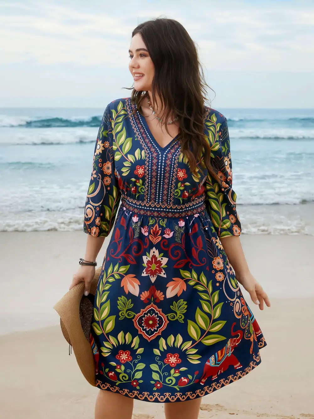 Boho Print V-Neck Pockets Midi Dress