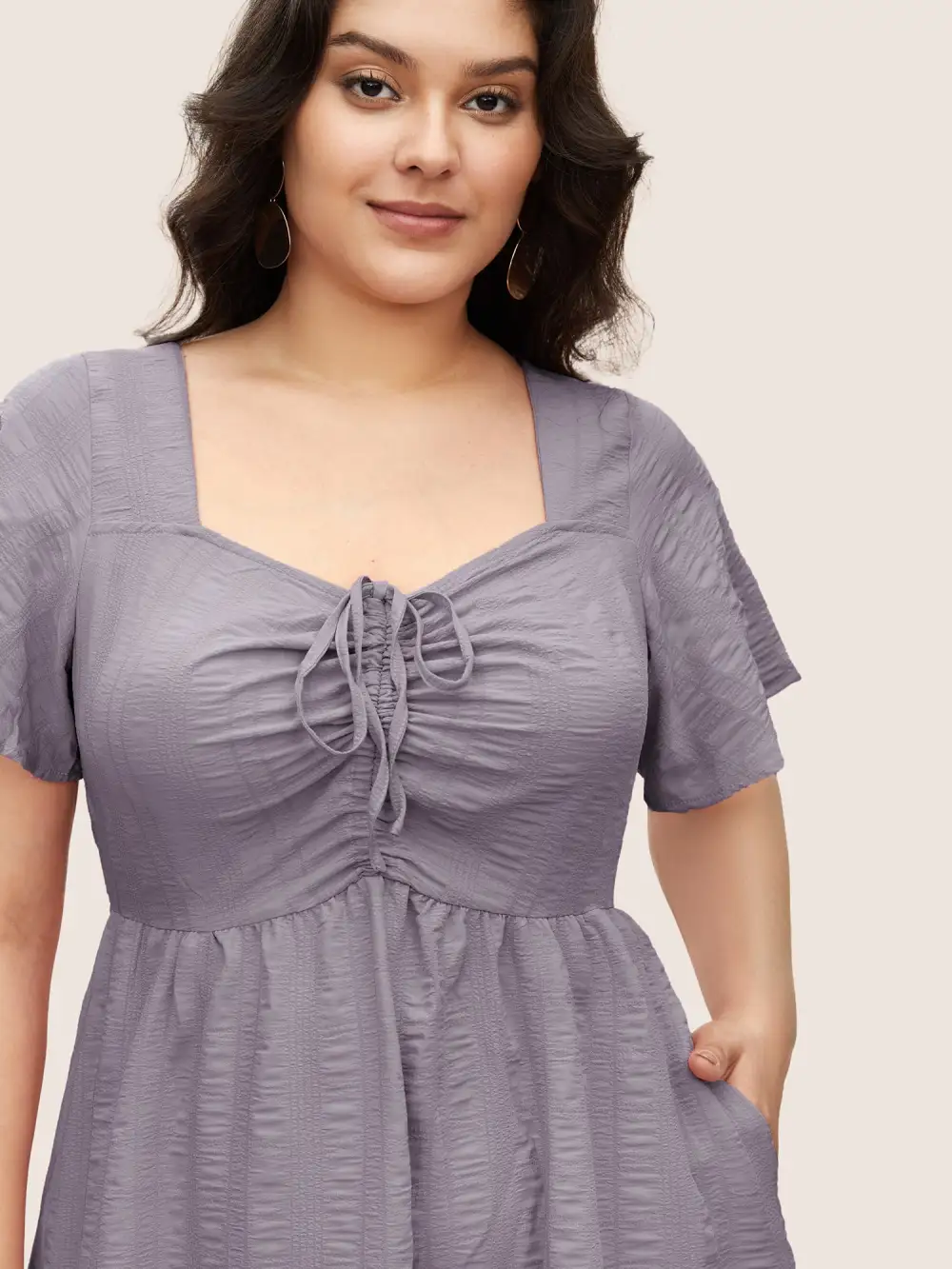 Plain Ruched Drawstring Pocket Ruffle Tiered Dress