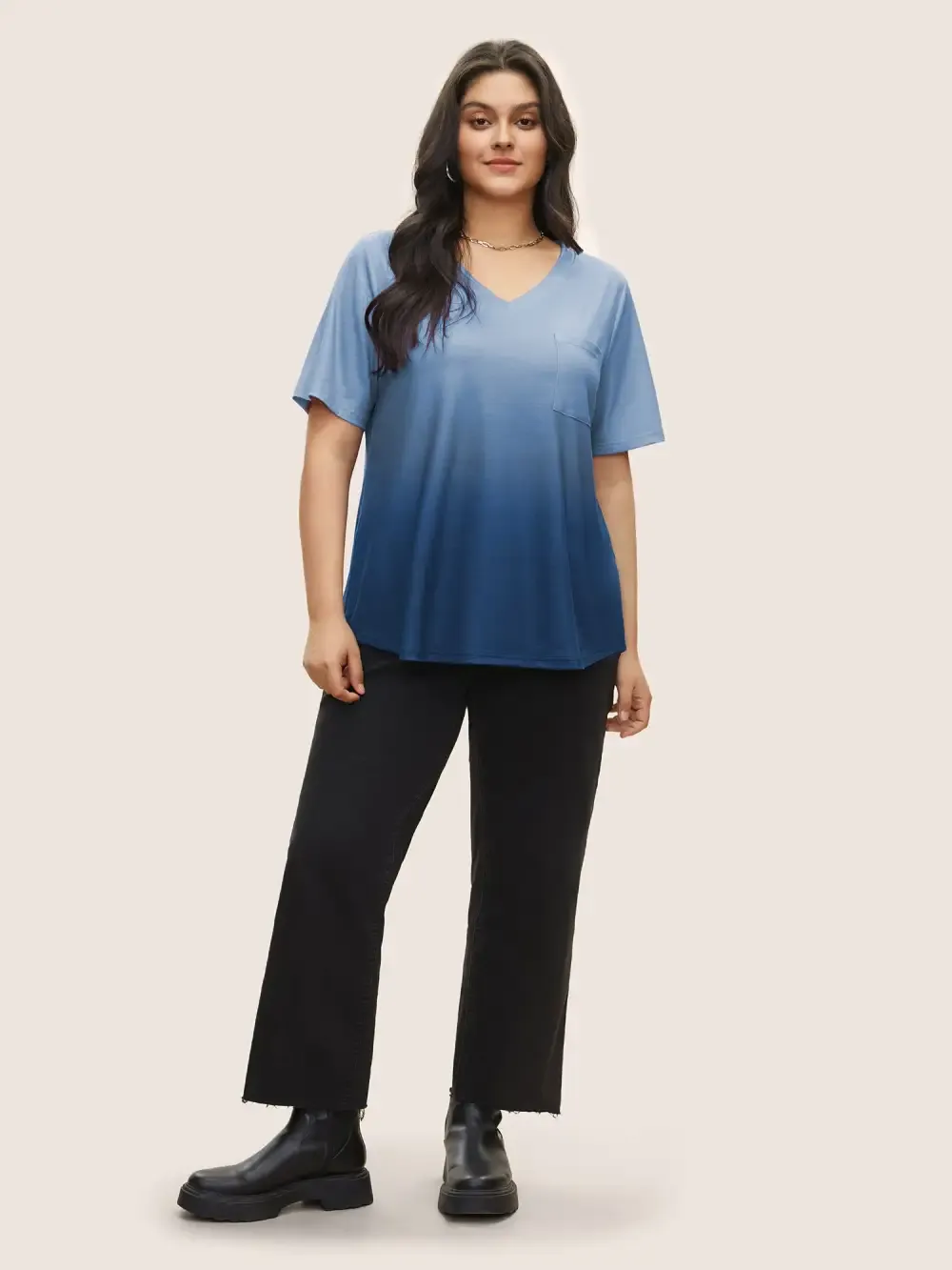 Ombre Contrast Patched Pocket T-Shirt