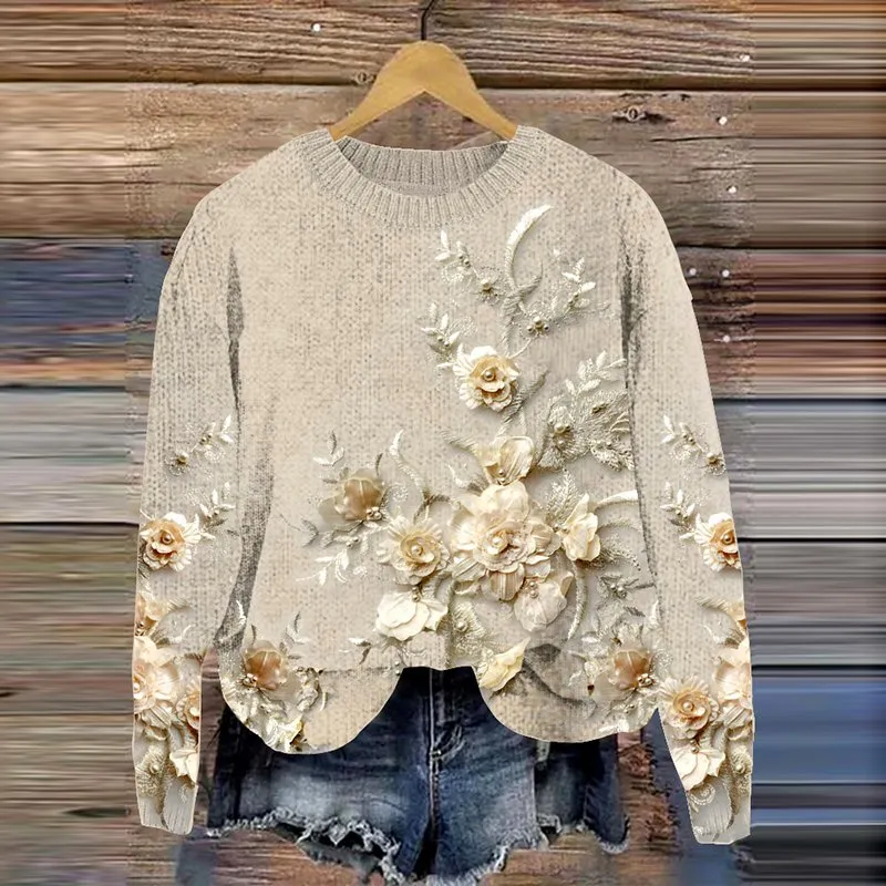 Vintage floral round neck knitted sweater