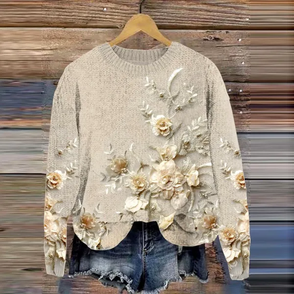 Vintage floral round neck knitted sweater