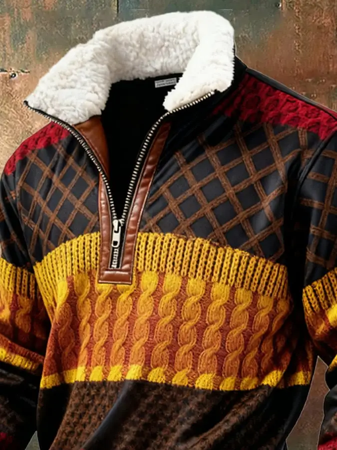 Men's Retro Color Block Print Casual Fur Collar Sweatshirt