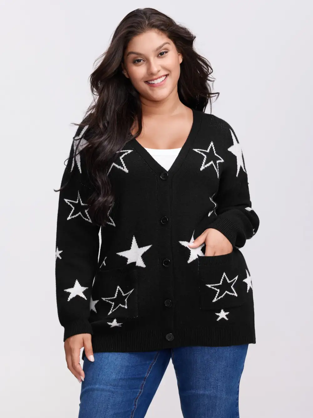 Supersoft Star Jacquard Pockets Button Knit Cardigan
