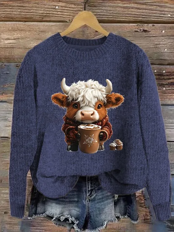 Women's Cute Highland Cow Print Knitted Crew Neck Sweater