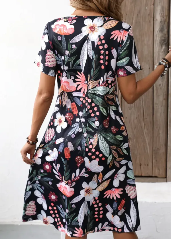 Black Pocket Floral Print Short Sleeve Round Neck Dress