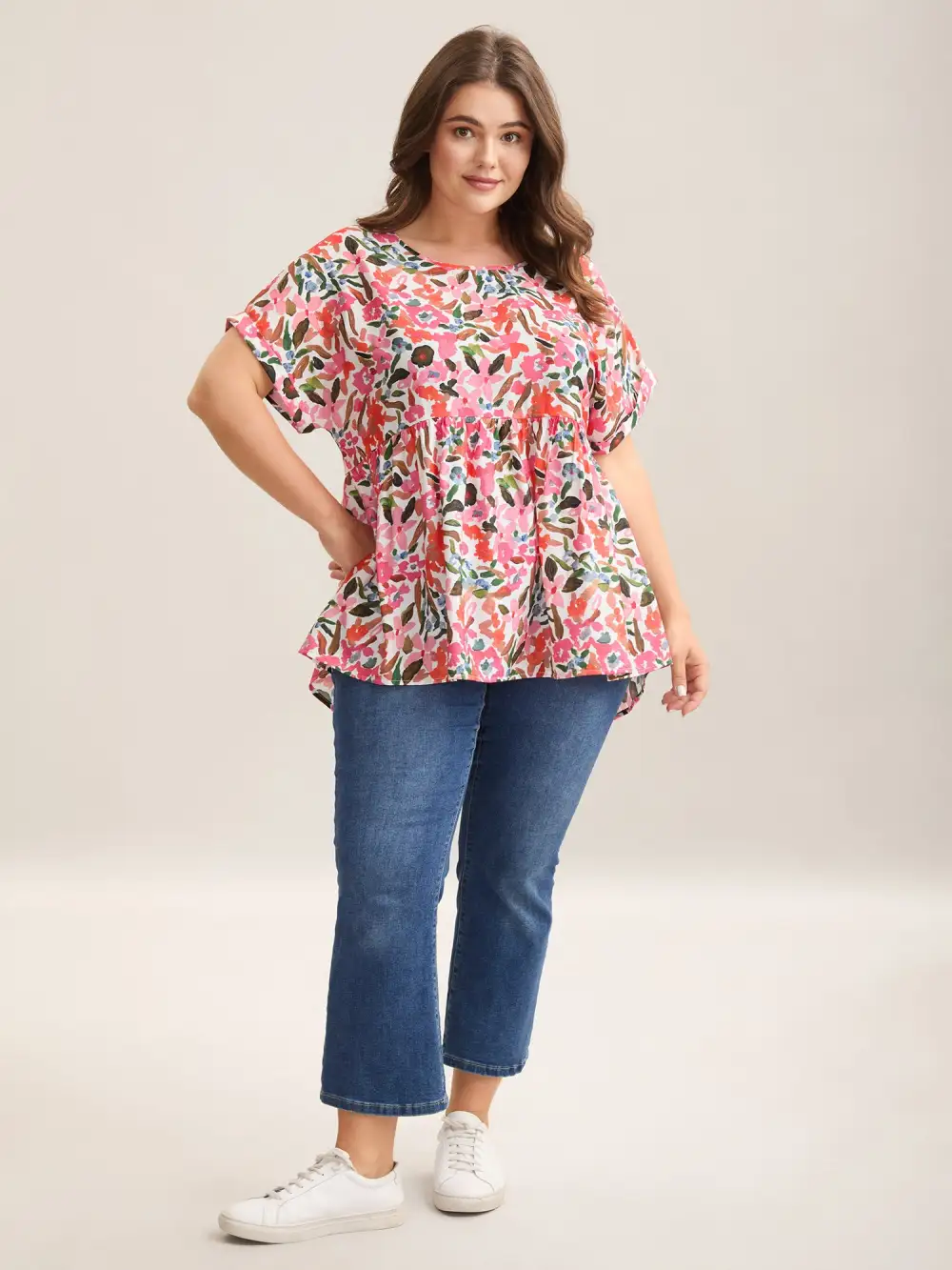 Fruit Print Curved Hem Batwing Sleeve Blouse