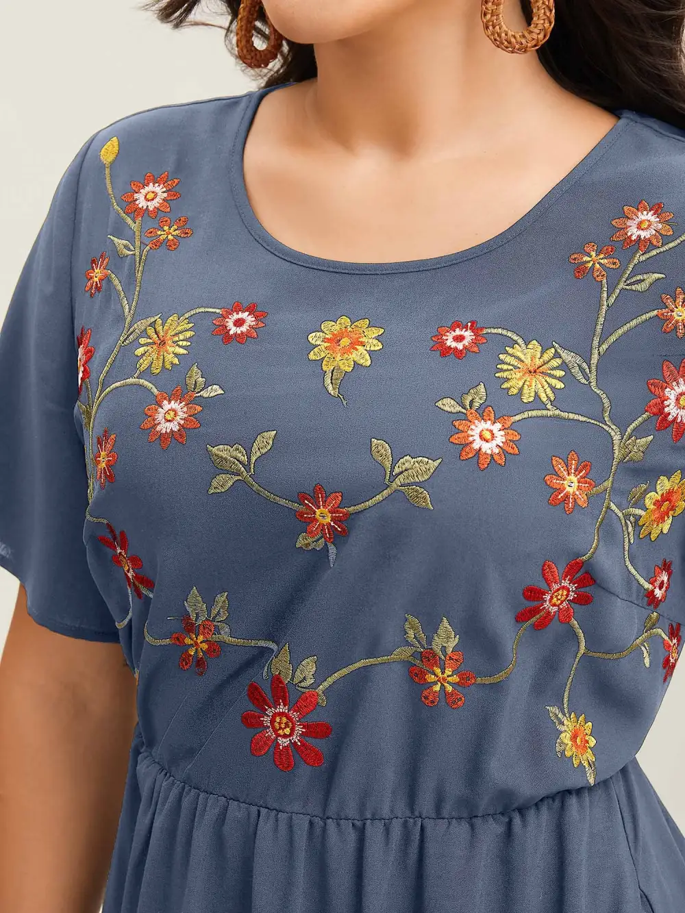 Floral Embroidered Waist-Cinched Midi Dress