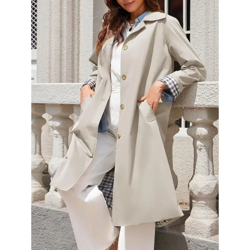 Womens Long Trench Coat Single Breasted Oversized Windproof Overcoat Fashion Outerwear