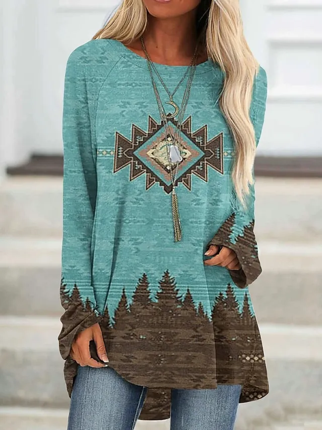 Women's Plus Size T shirt Tee Tunic Shirts Geometric Plaid Casual Print Light Green Long Sleeve Vintage Tunic Ethnic Round Neck Fall & Winter