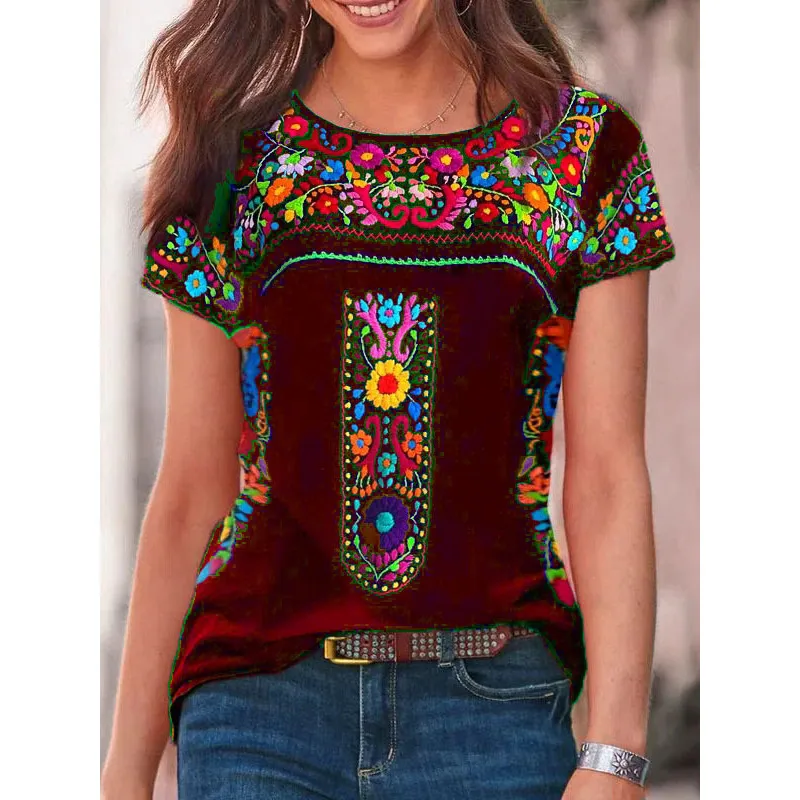 Summer new women's boho round neck short sleeve top