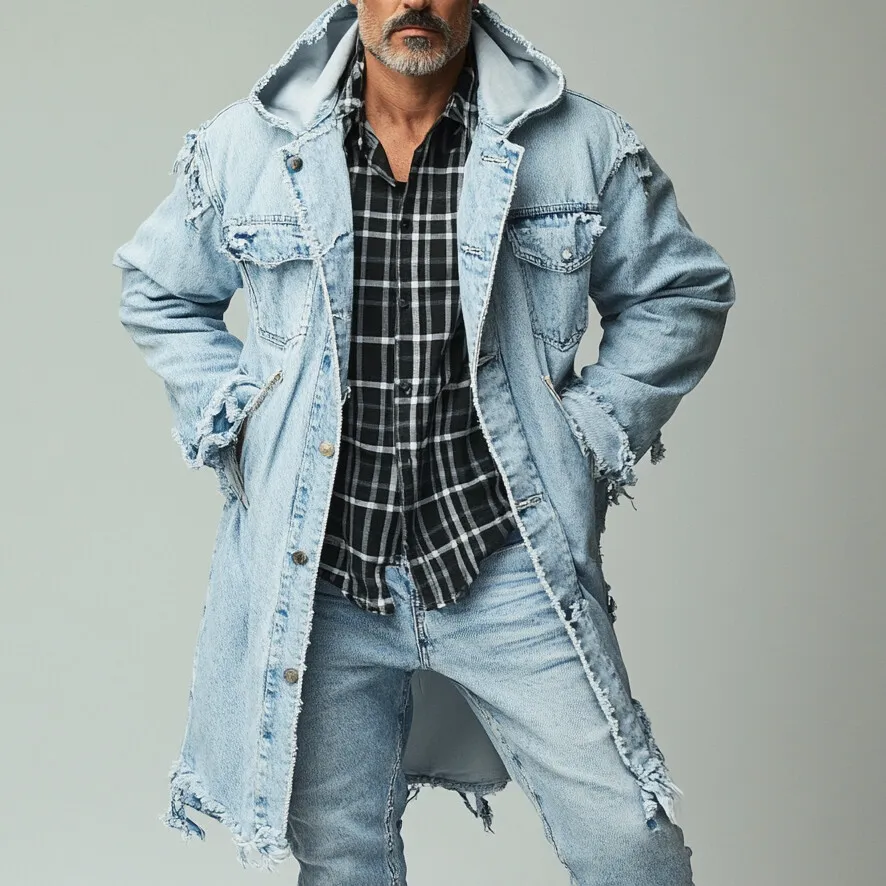 Men's Casual Single Breasted Pockets Raw Edge Denim Hooded Overcoat