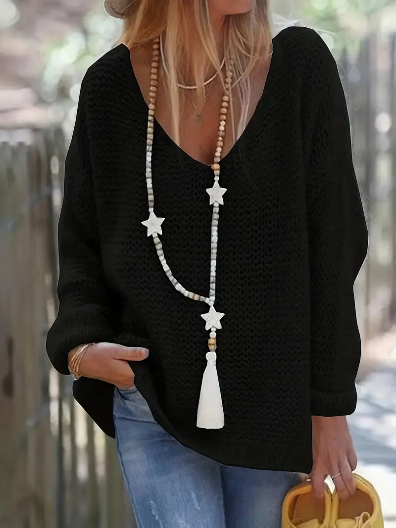 Cozy V-Neck Pointelle Knitted Sweater - Soft, Long Sleeve, Casual, Fall & Winter Essential - Women's Comfortable Clothing for Chilly DaysCozy V-Neck Pointelle Knitted Sweater - Soft, Long Sleeve, Casual, Fall & Winter Essential - Women's Comfortable Cloth
