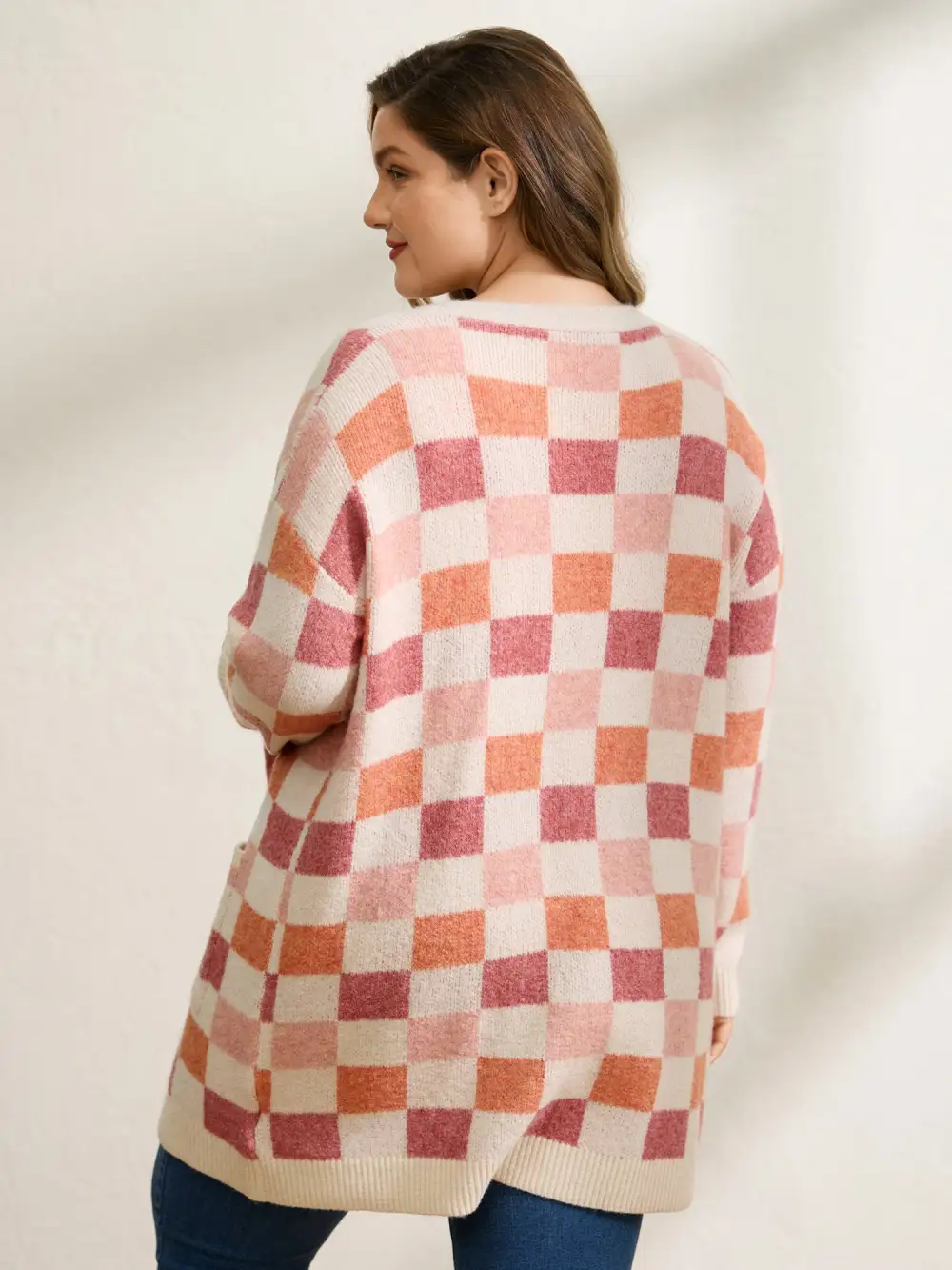 Checkered Color Contrast Open-Front Cardigan