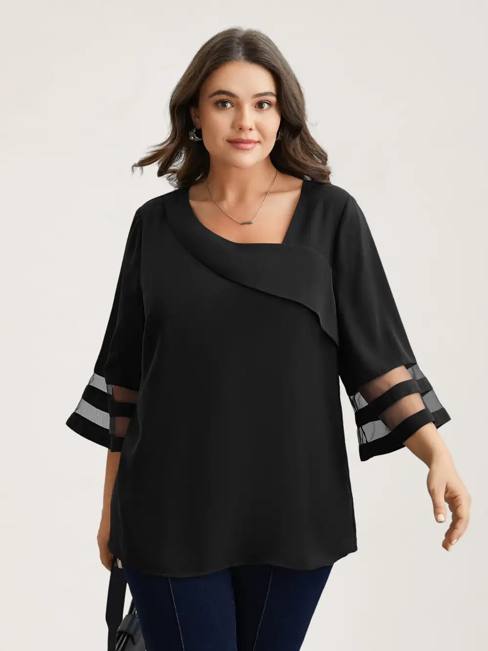 Sheer Sleeve Patchwork Asymmetrical Neckline Blouse
