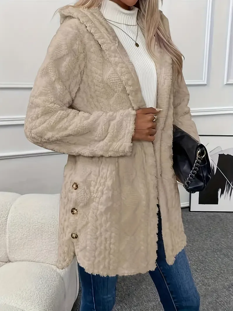 Luxurious Faux Fur Teddy Coat - Elegant Long Sleeve Split Side Hooded Outwear for Women - Soft, Warm, and Chic Winter Clothing