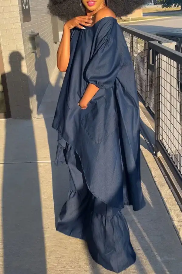 Denim Irregular Top & Ruffle Pant Set