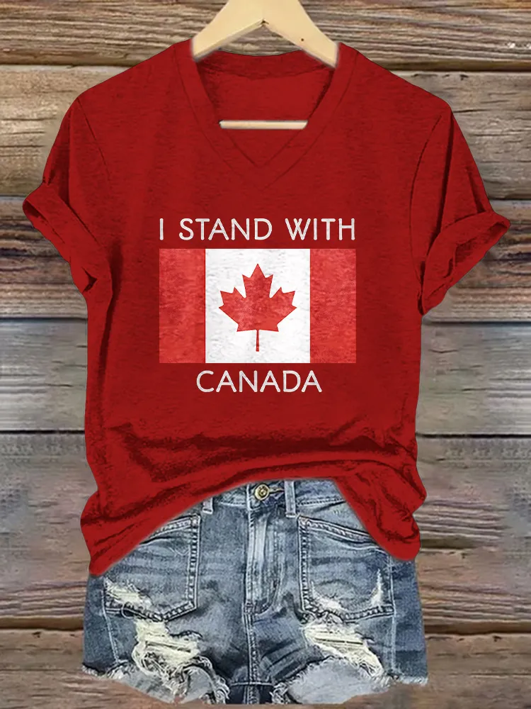 Women's I Stand With Canada Short Sleeves V-Neck Pure Cotton T-Shirt