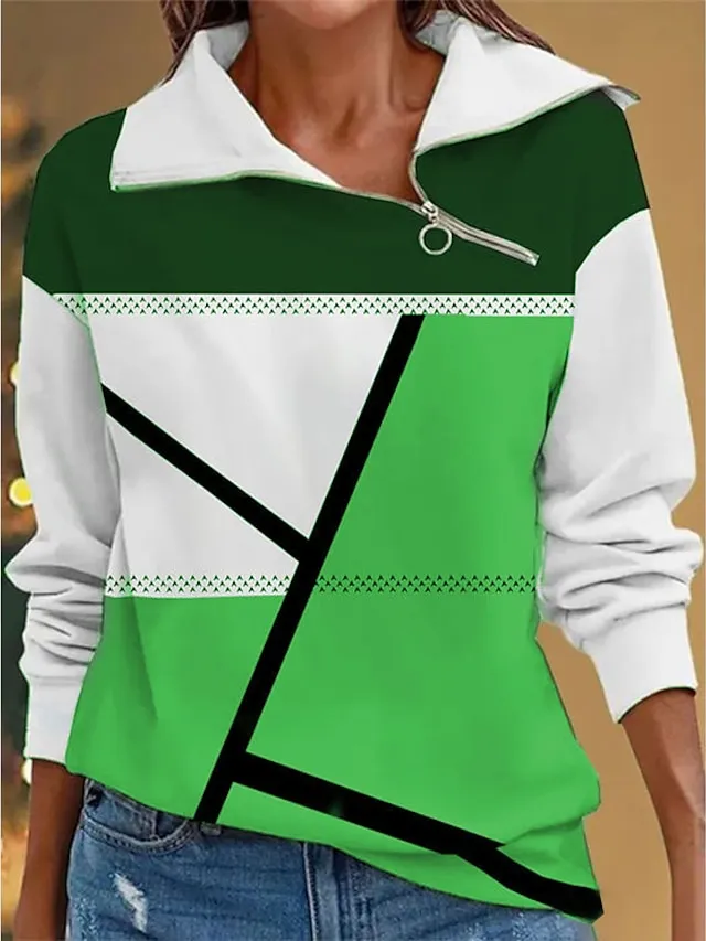 Women's Sweatshirt Pullover Sports Basic Quarter Zip Red Purple Orange Color Block Street Casual V Neck Long Sleeve Top Micro-elastic Fall & Winter