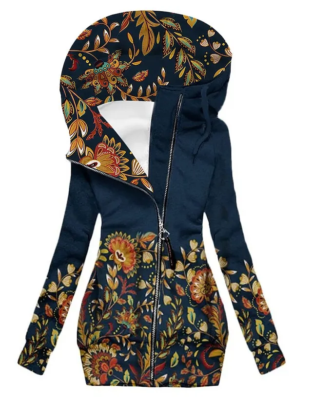 Women's Zip Hoodie Sweatshirt Streetwear Zip Up Black Yellow Light Green Floral Geometric Butterfly Street Casual Hoodie Long Sleeve Top Micro-elastic Fall & Winter