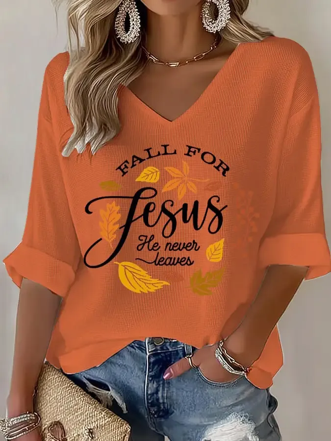 Women's Fall For Jesus He Never Leaves Waffle Long-Sleeved T-Shirt