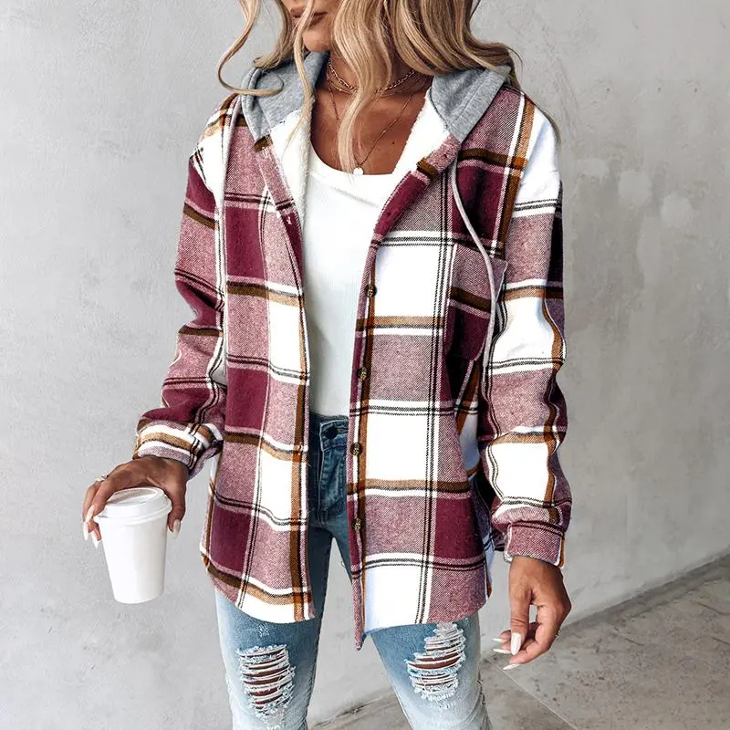 Women’s Plaid Hooded Shacket – Fleece-Lined Winter Jacket