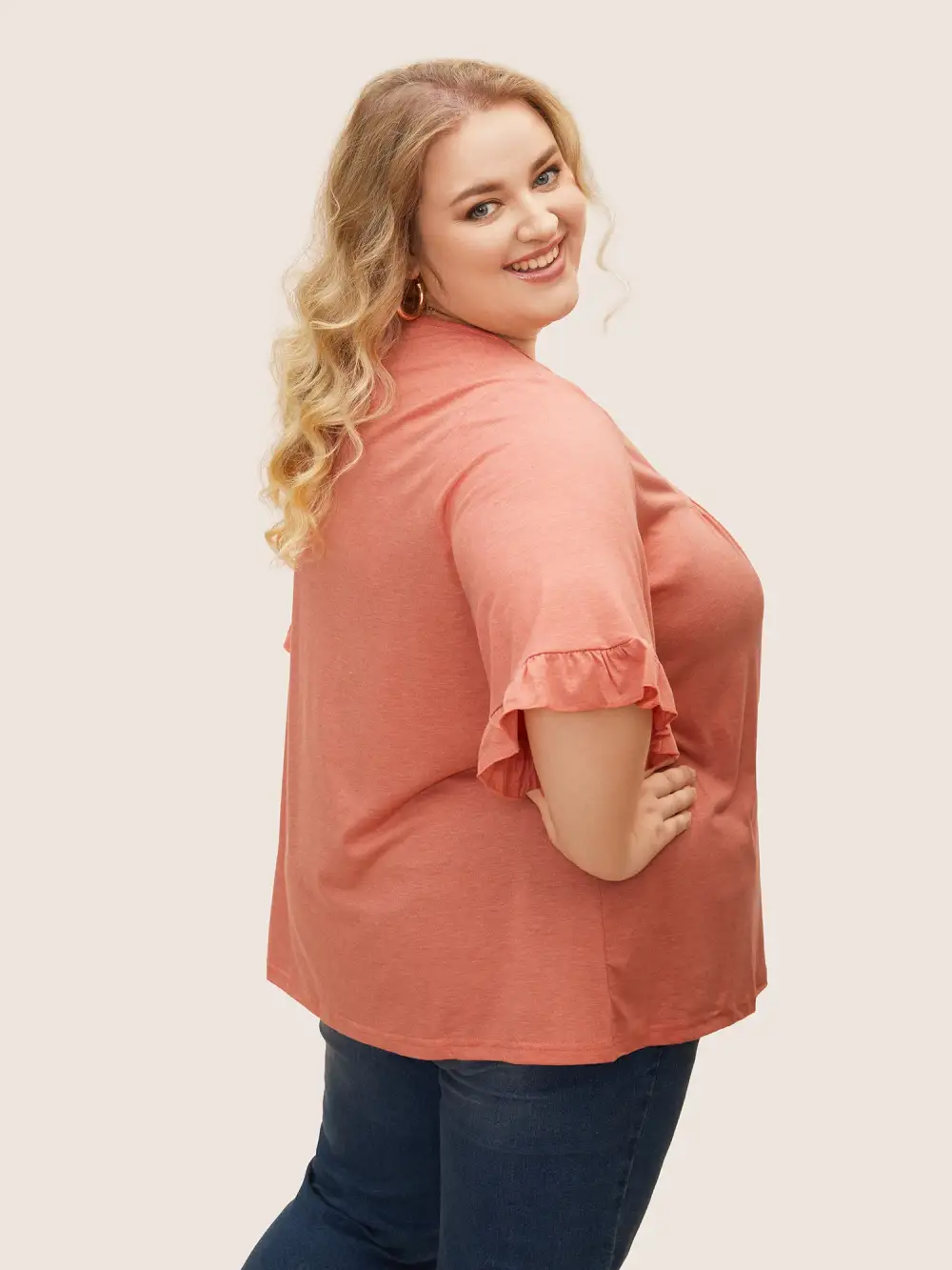 Solid Gathered Ruffle Trim Flounce Sleeve T-shirt