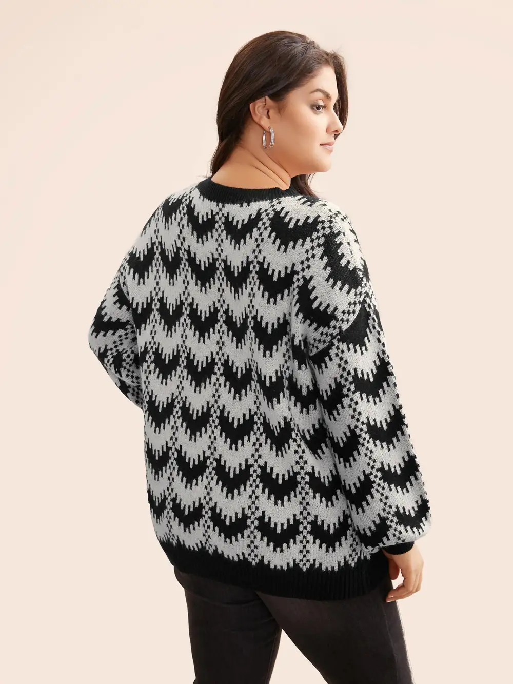 Geometric Jacquard Drop Shoulder Sleeve Pullover