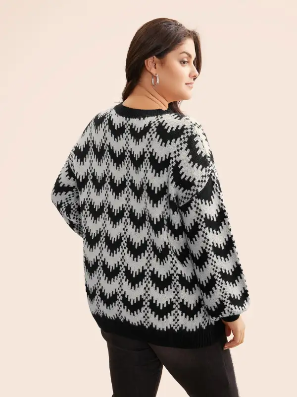 Geometric Jacquard Drop Shoulder Sleeve Pullover
