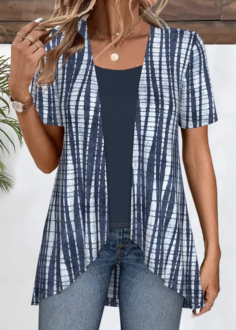 Navy Patchwork Tie Dye Print Fake Two Piece Twinset