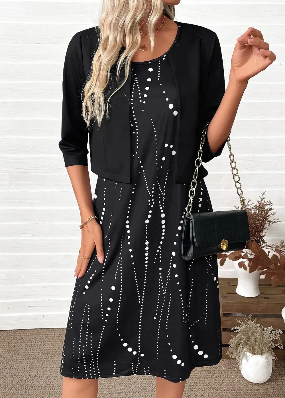 Black Tummy Coverage Polka Dot Dress and Cardigan