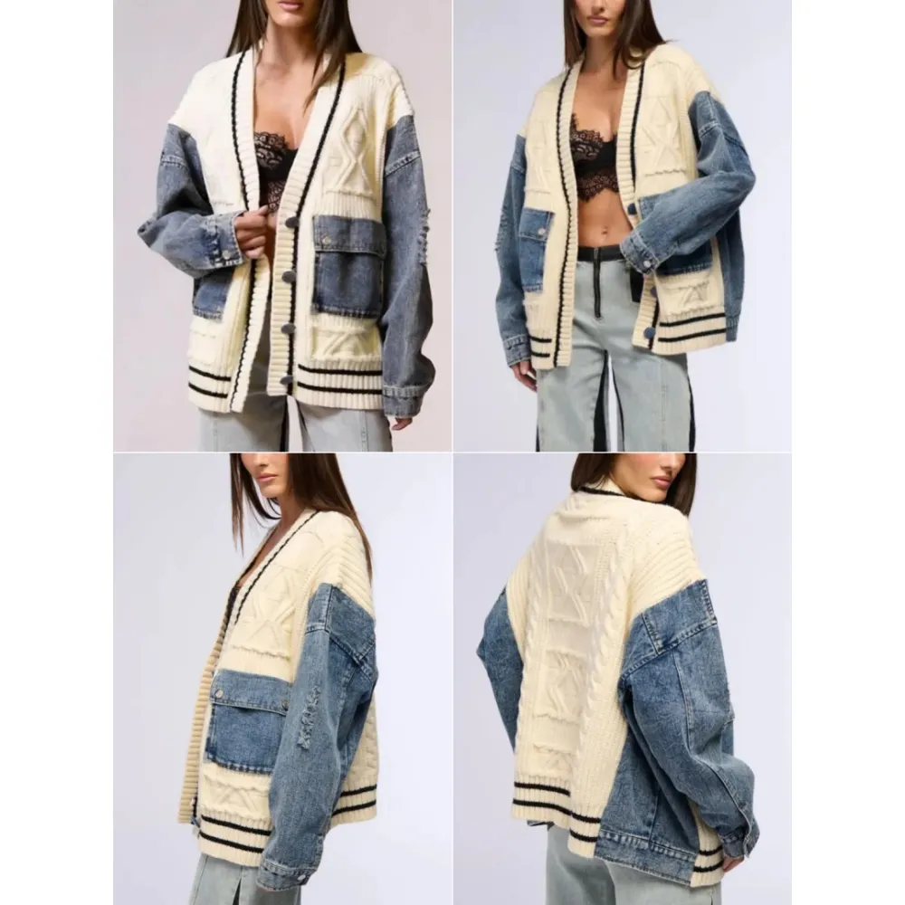 Unique Denim Patchwork Cable Knitted Coat