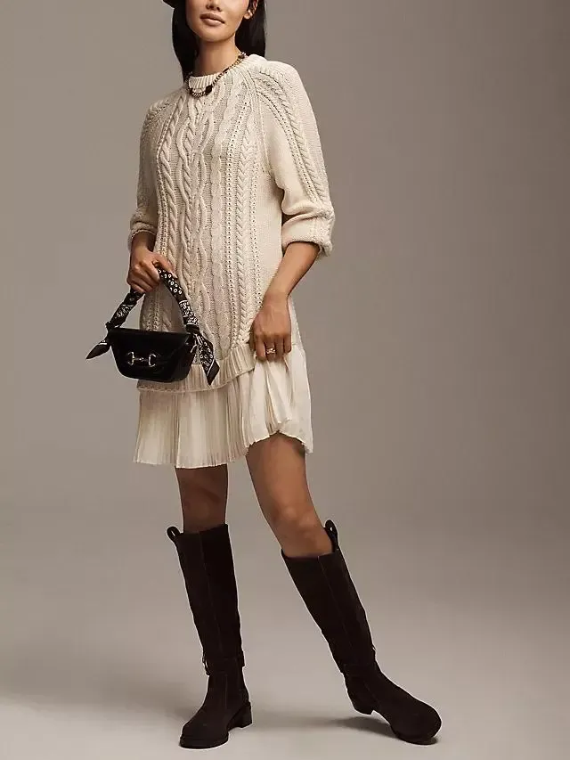 ✨Women Crewneck Cable Knit Sweater Mini Dress