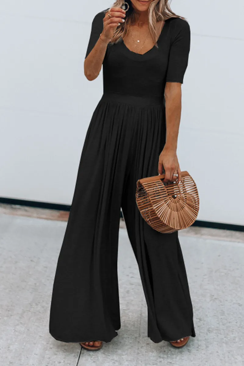 Casual Solid Patchwork Basic U Neck Jumpsuits(4 colors)