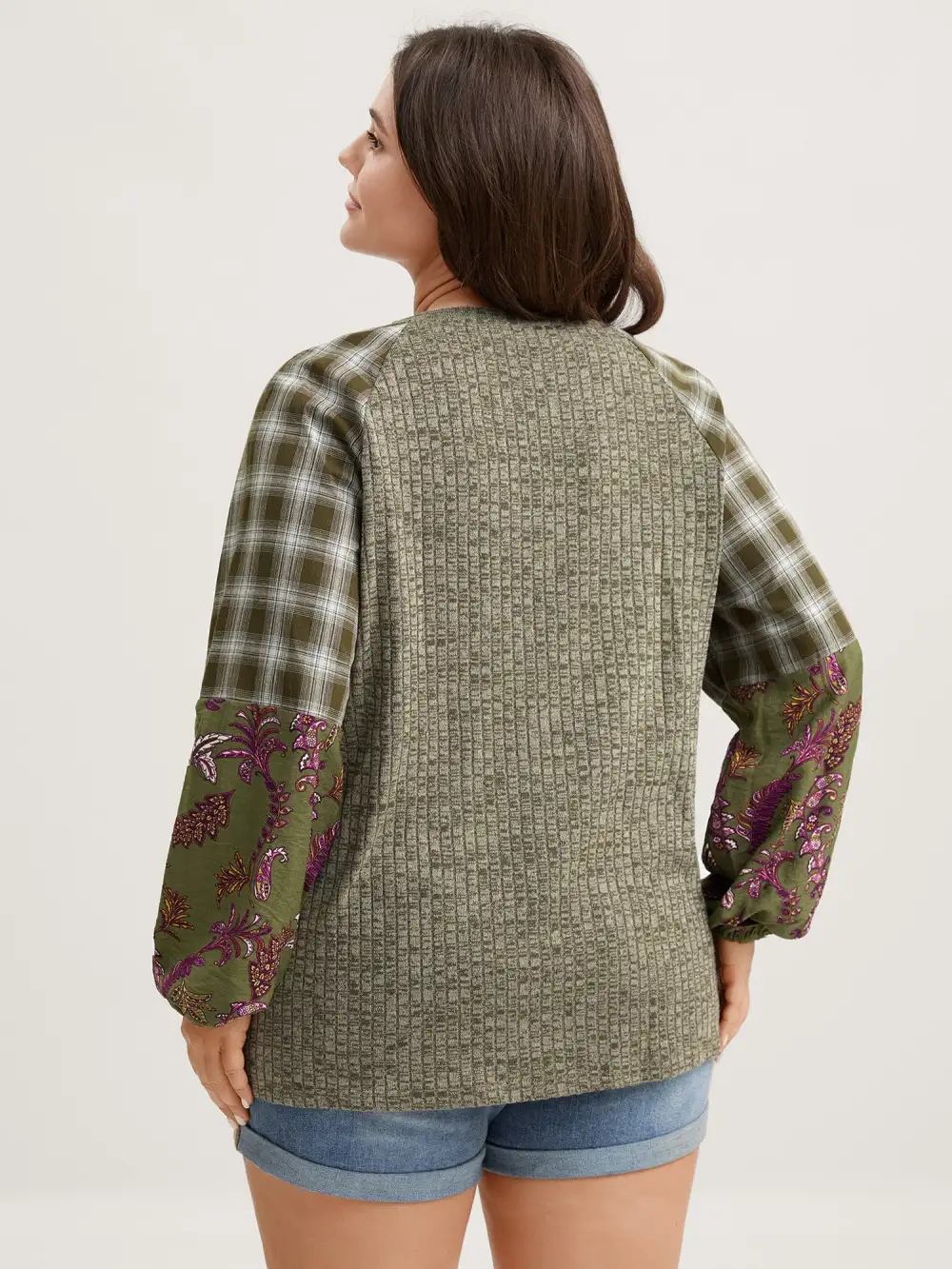 Plaid Sleeve Color Contrast Textured Sweatshirt