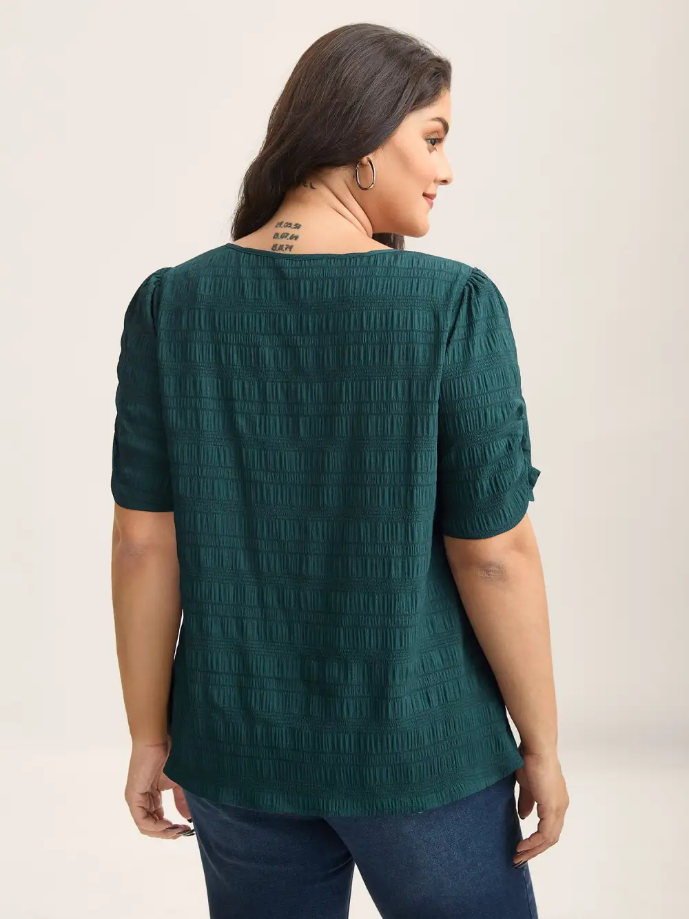 Textured Gathered Sleeve Split Neck Blouse