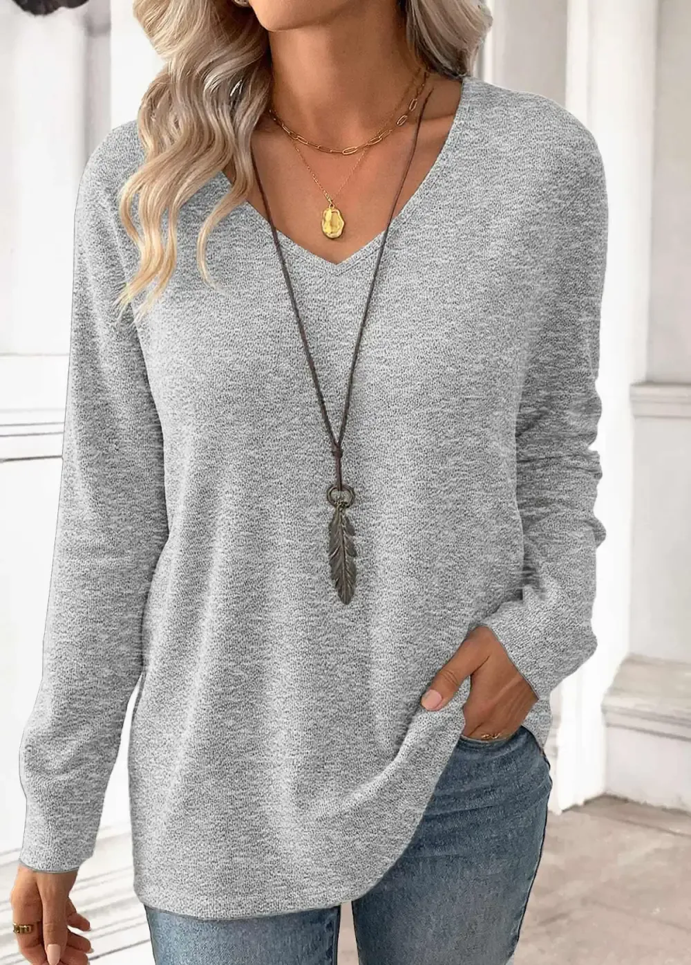 Light Grey Long Sleeve V Neck T Shirt