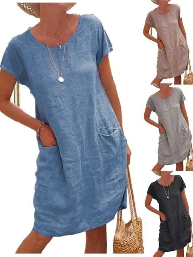 Women‘s Shift Dress Knee Length Dress Short Sleeve Pure Color Pocket Spring Summer Crew Neck Basic Casual Classic Loose 2023 S M L XL 2XL 3XL 4XL 5XL / Cotton