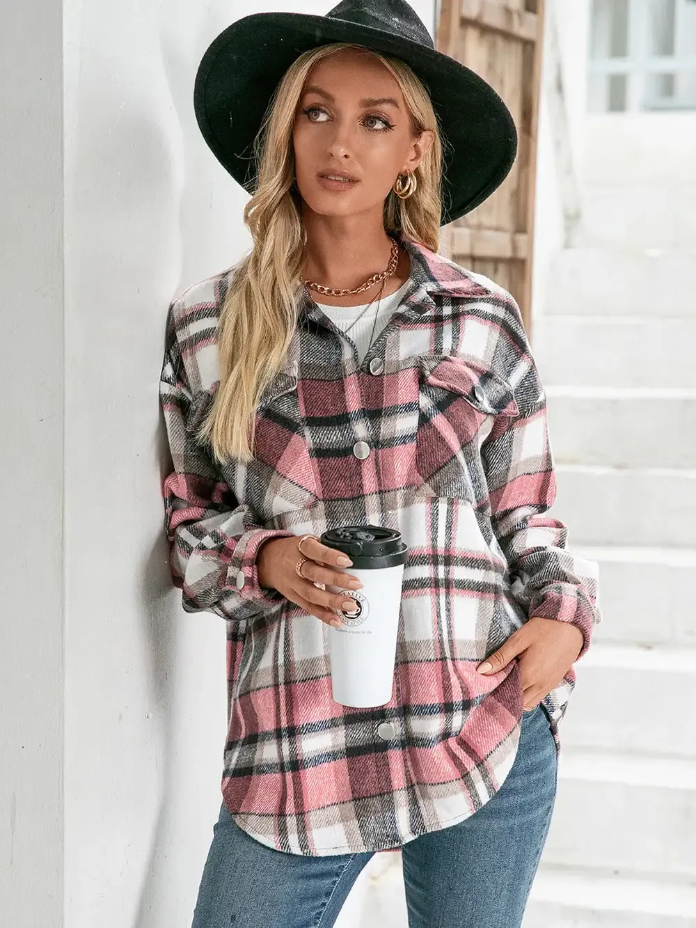 Plaid Button Down Curved Hem Shacket