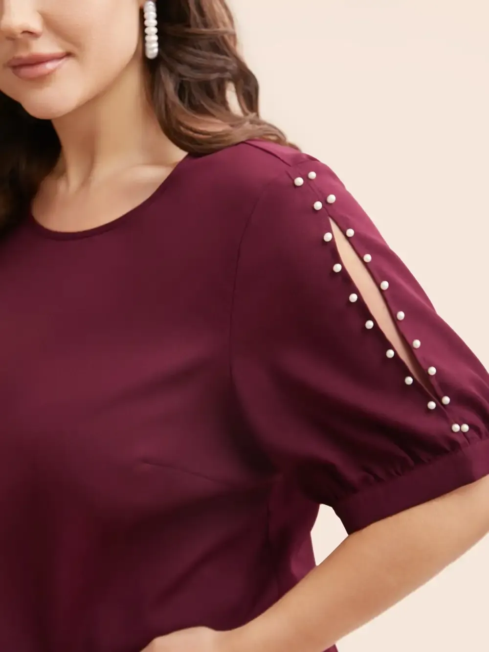 Round Neck Pearl Beaded Cut Out Blouse