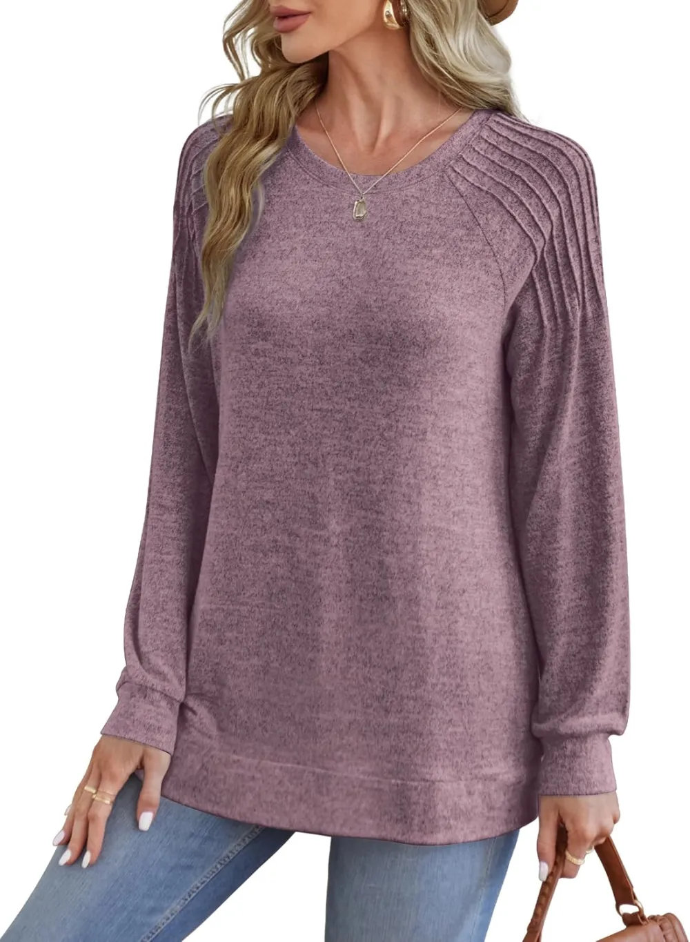 Sweatshirt for Women Crewneck Pleated Long Sleeve Shirts Tunic Tops Fashion 2024