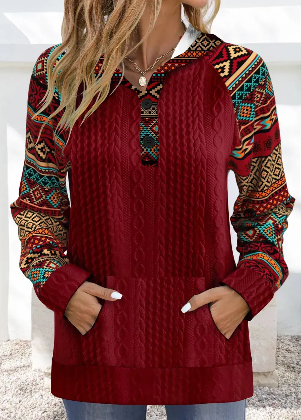 Wine Red Patchwork Tribal Print Long Sleeve Hoodie