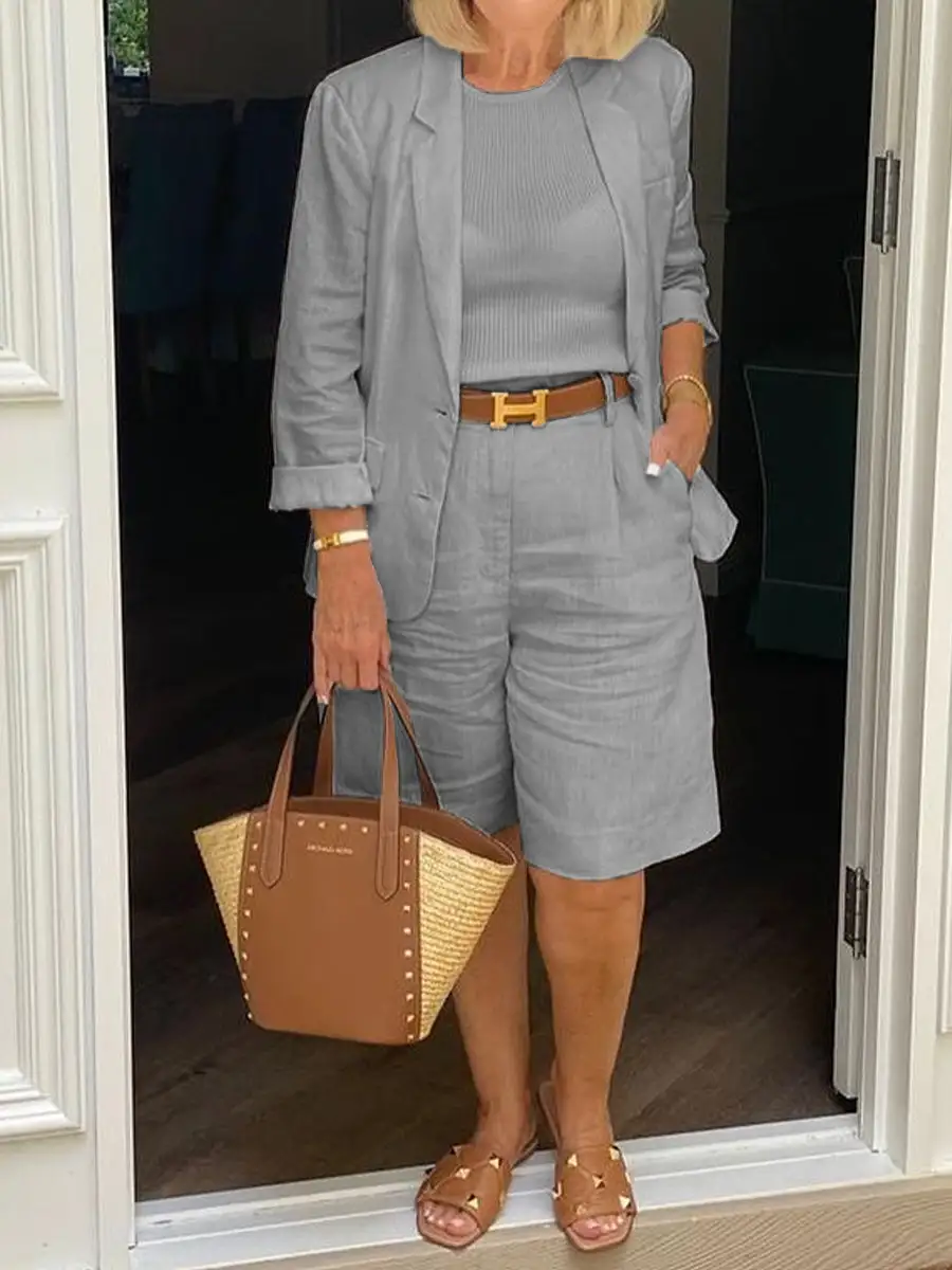 Casual Long Sleeve Coat And Shorts Two-Piece Set