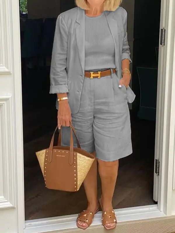Casual Long Sleeve Coat And Shorts Two-Piece Set