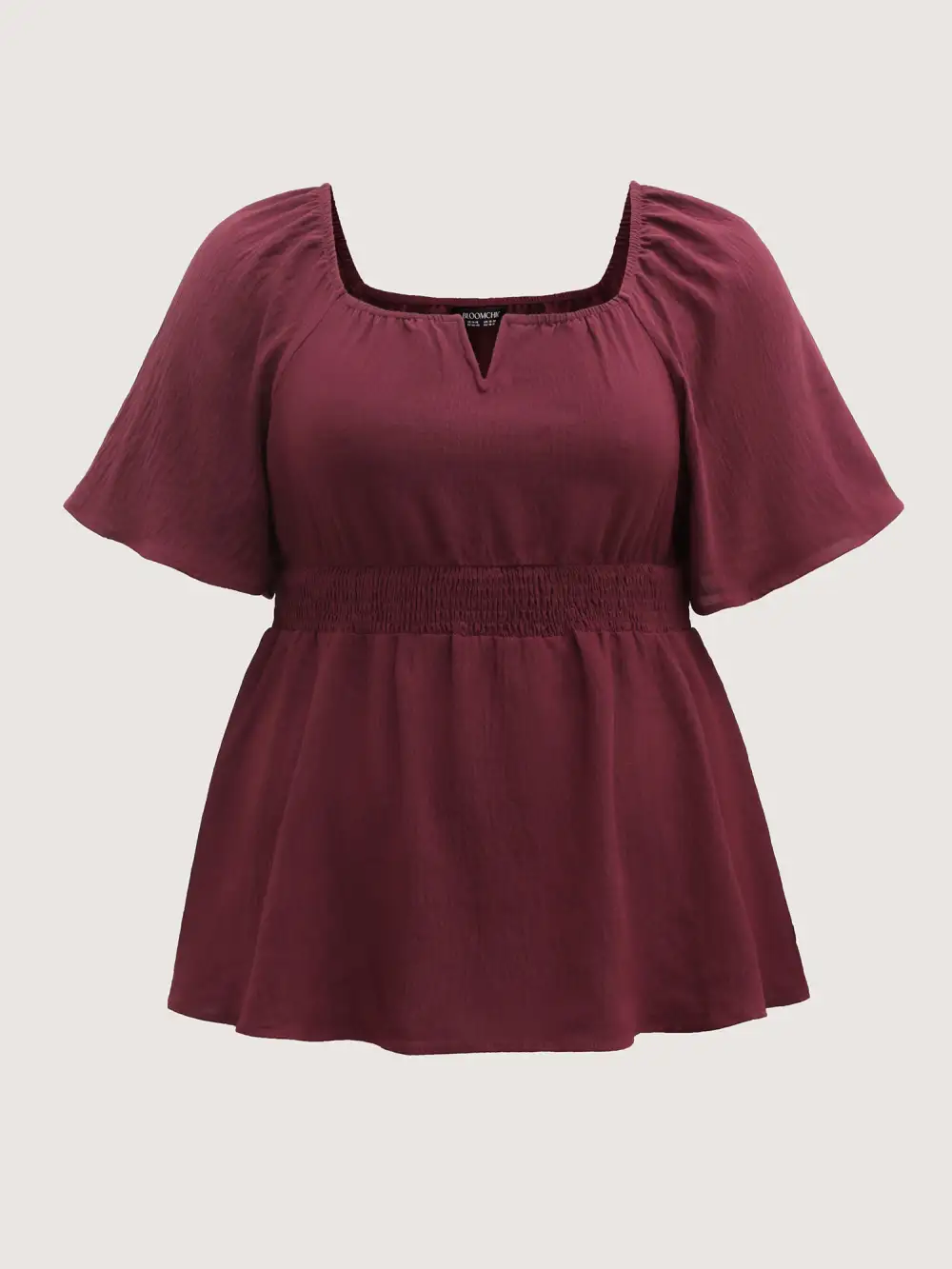 Stretchy Neckline Waist-Cinched Solid Blouse